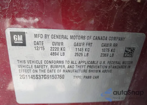 2016 Chevrolet Impala 2Lz from USA, damaged, VIN 2G1145S37G9150760